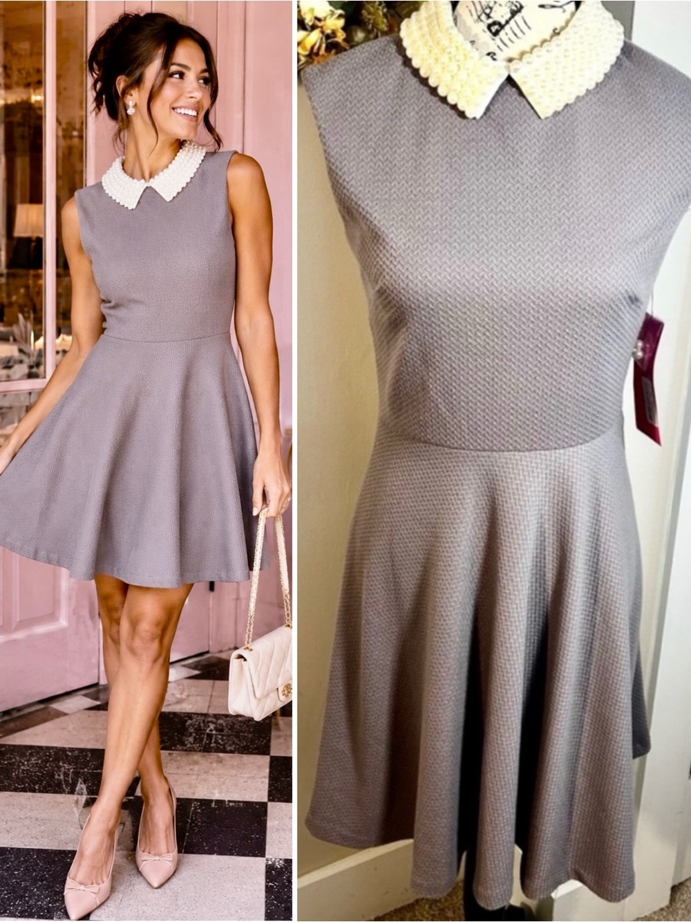 NWT BETSY JOHNSON Textured Taupe  Faux Pearl Collar Fit & Flare Dress Sz 2